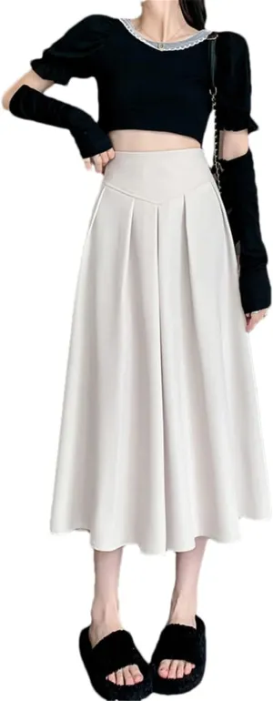 Casual Mid-Length Skirt Women Back Zipper A Line High Waist Pleated Midi Long Skirt