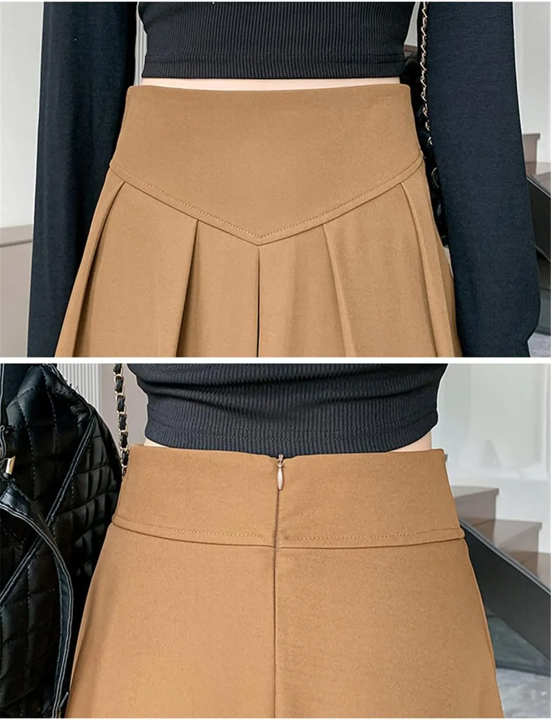 Casual Mid-Length Skirt Women Back Zipper A Line High Waist Pleated Midi Long Skirt