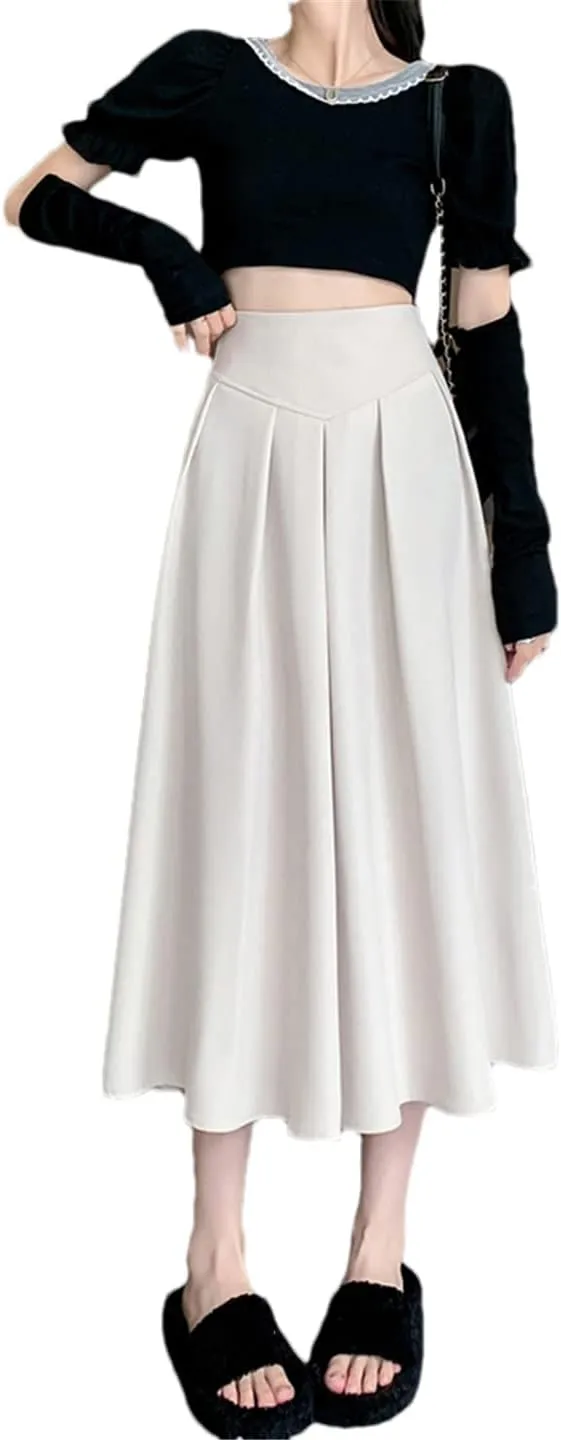 Casual Mid-Length Skirt Women Back Zipper A Line High Waist Pleated Midi Long Skirt