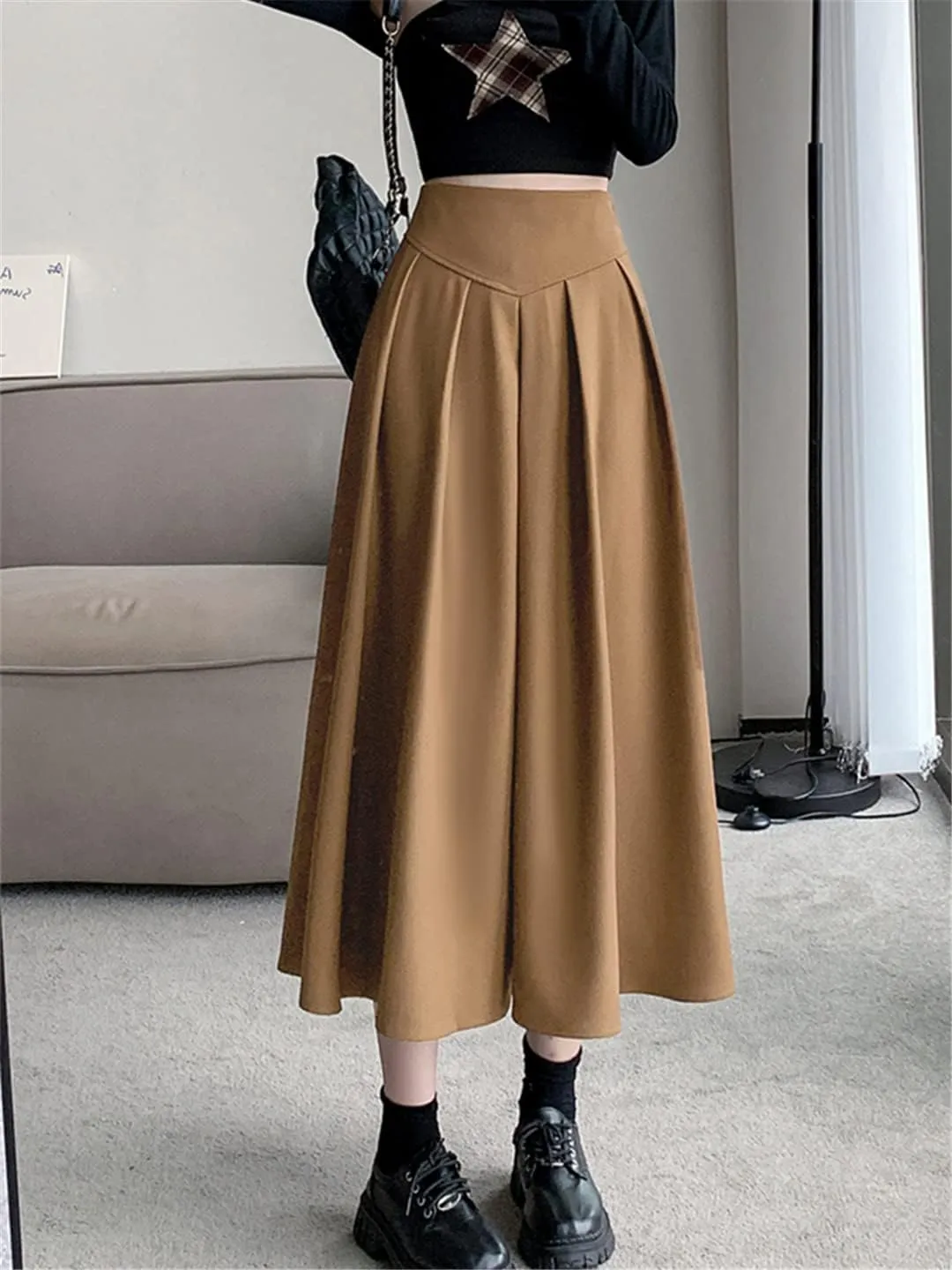 Casual Mid-Length Skirt Women Back Zipper A Line High Waist Pleated Midi Long Skirt