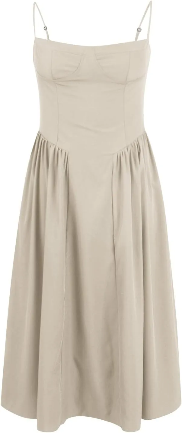 Casual Summer Dresses for Women Spaghetti Strap Midi Dresses Low Cut Bustier Dress with Pockets