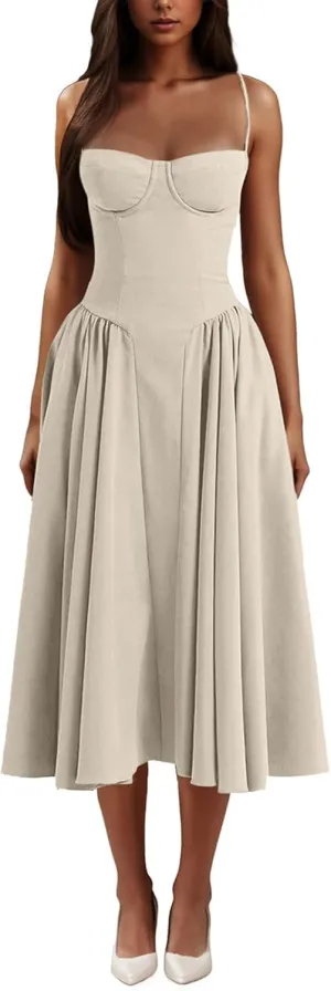 Casual Summer Dresses for Women Spaghetti Strap Midi Dresses Low Cut Bustier Dress with Pockets