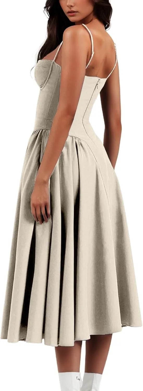 Casual Summer Dresses for Women Spaghetti Strap Midi Dresses Low Cut Bustier Dress with Pockets