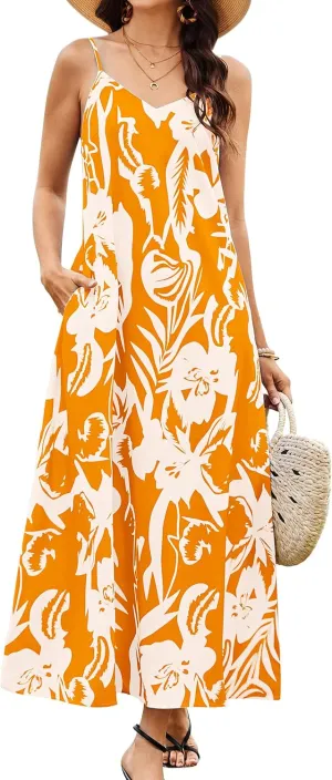 CCTOO Womens Boho Summer Dresses: Summer Casual Floral Sleeveless Spaghetti Strap V Neck Long Beach Maxi Dress with Pockets