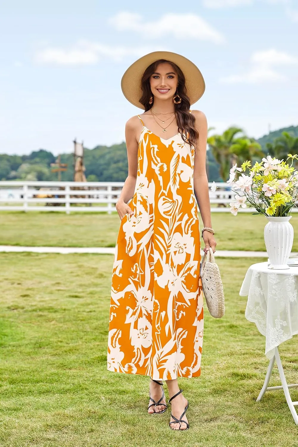 CCTOO Womens Boho Summer Dresses: Summer Casual Floral Sleeveless Spaghetti Strap V Neck Long Beach Maxi Dress with Pockets