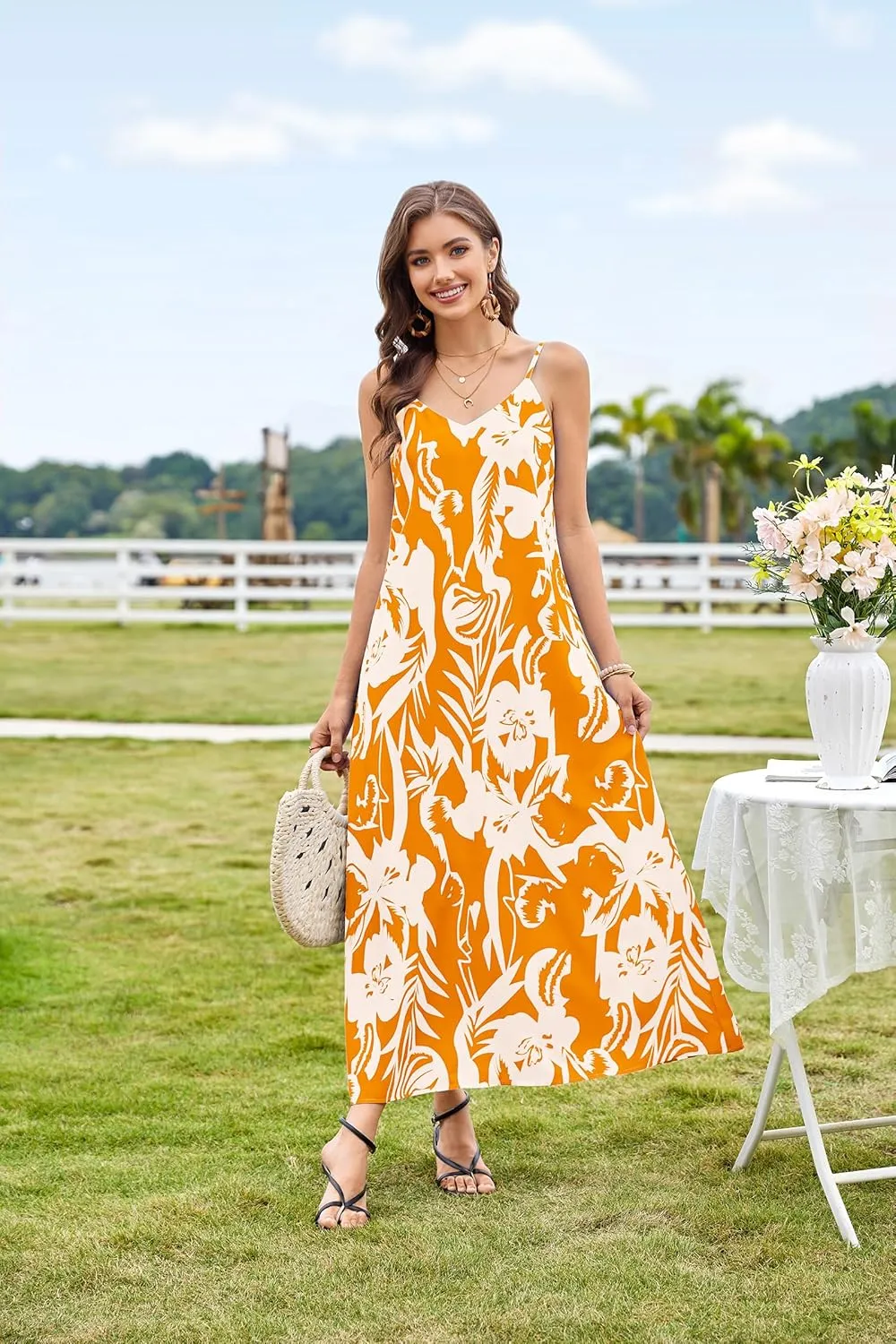 CCTOO Womens Boho Summer Dresses: Summer Casual Floral Sleeveless Spaghetti Strap V Neck Long Beach Maxi Dress with Pockets
