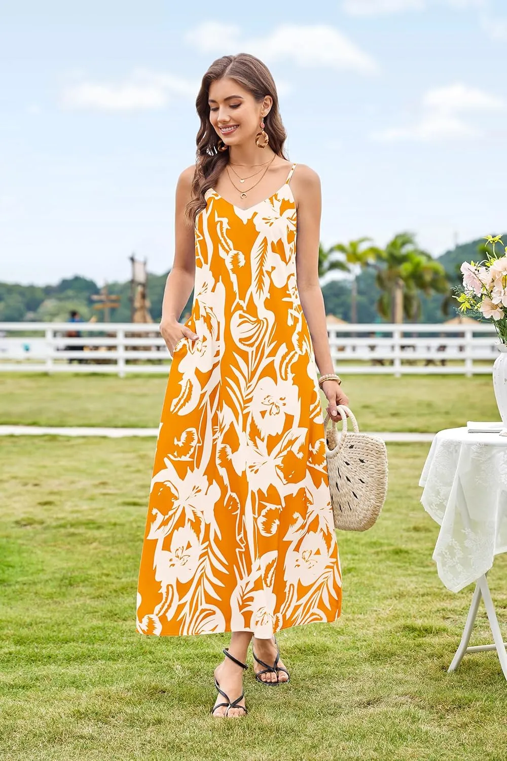 CCTOO Womens Boho Summer Dresses: Summer Casual Floral Sleeveless Spaghetti Strap V Neck Long Beach Maxi Dress with Pockets