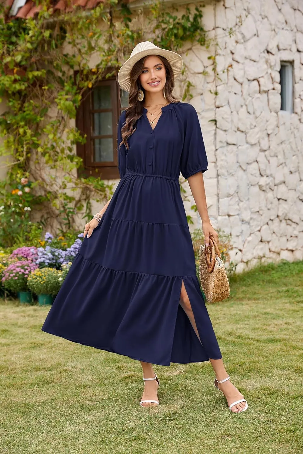 CCTOO Womens Floral Maxi Dress: Casual Short Sleeve V Neck Button Elastic Waist Slit A Line Tiered Dresses with Pockets