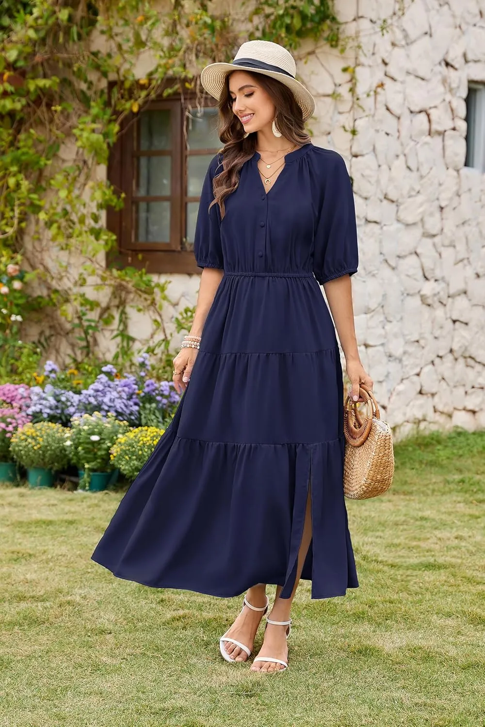CCTOO Womens Floral Maxi Dress: Casual Short Sleeve V Neck Button Elastic Waist Slit A Line Tiered Dresses with Pockets