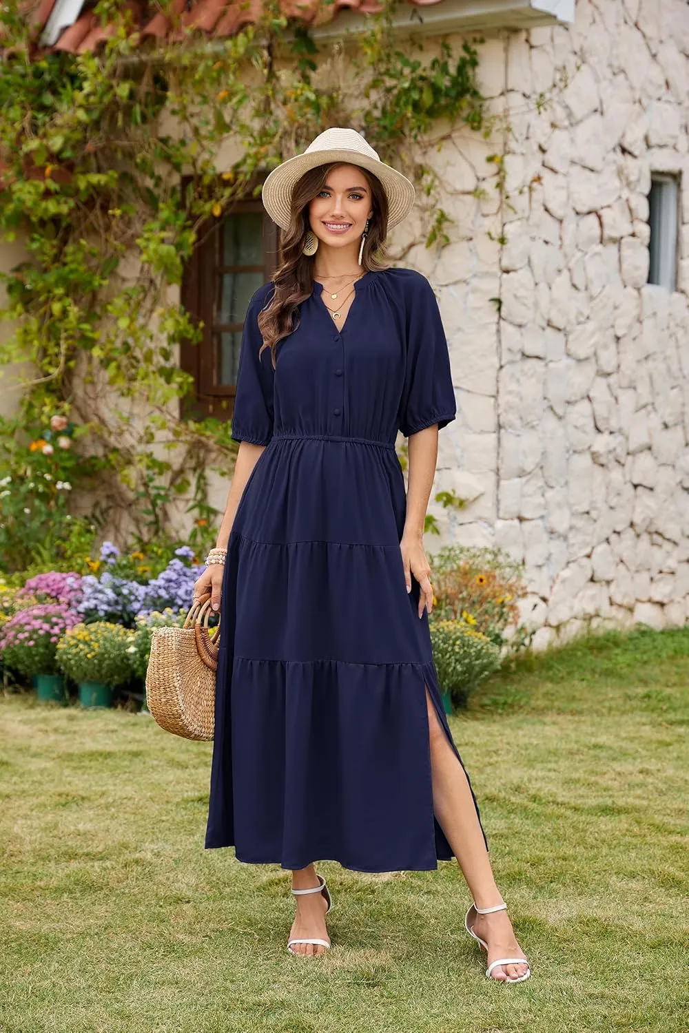 CCTOO Womens Floral Maxi Dress: Casual Short Sleeve V Neck Button Elastic Waist Slit A Line Tiered Dresses with Pockets