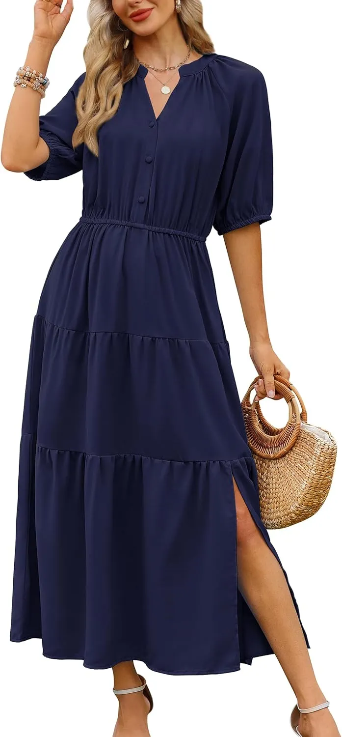 CCTOO Womens Floral Maxi Dress: Casual Short Sleeve V Neck Button Elastic Waist Slit A Line Tiered Dresses with Pockets