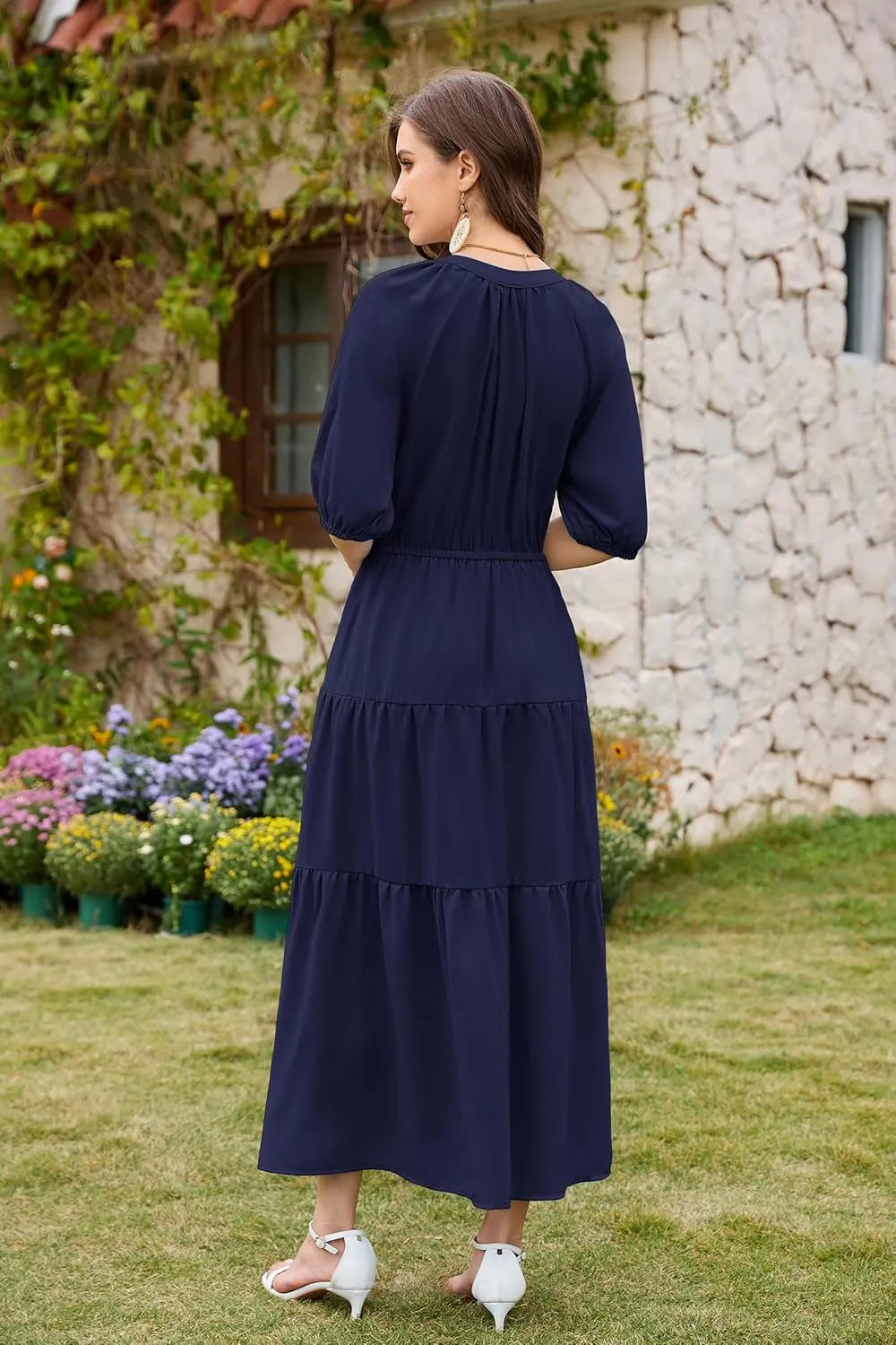 CCTOO Womens Floral Maxi Dress: Casual Short Sleeve V Neck Button Elastic Waist Slit A Line Tiered Dresses with Pockets