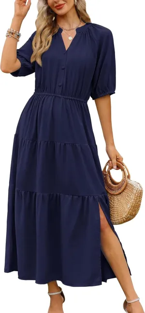 CCTOO Womens Floral Maxi Dress: Casual Short Sleeve V Neck Button Elastic Waist Slit A Line Tiered Dresses with Pockets