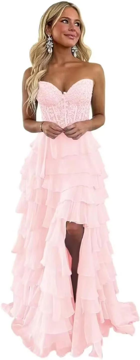Changuan Strapless Corset Prom Dresses for Women Long 2025 Tiered Ruffle Formal Dress Evening Party Gowns with Slit