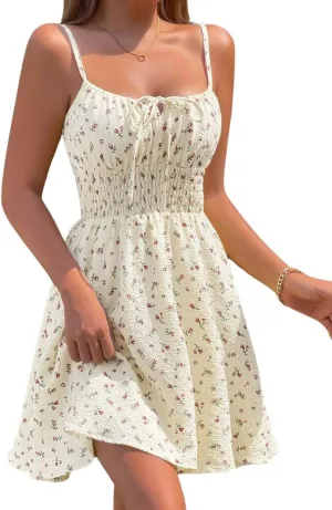 CHARTOU Women Floral Boho Spaghetti Strap Sundress Sleeveless Smocked A Line Mini Dress