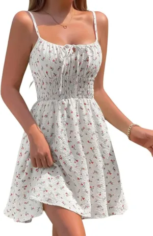 CHARTOU Women Floral Boho Spaghetti Strap Sundress Sleeveless Smocked A Line Mini Dress
