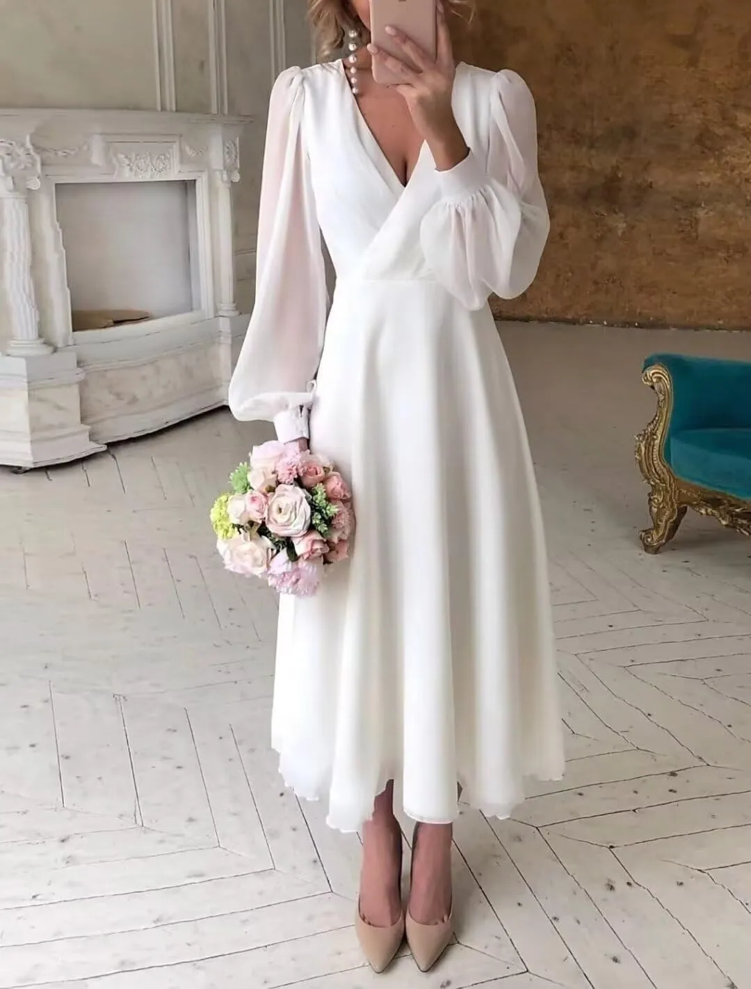 Chiffon Bridesmaid Dress for Bride Long Sleeve Tea Length Long Bridal Shower Dress
