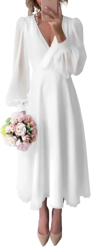 Chiffon Bridesmaid Dress for Bride Long Sleeve Tea Length Long Bridal Shower Dress