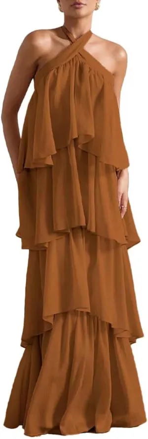 Chiffon Tiered Prom Dress 2025 Long Backless Formal Evening Gowns LU88