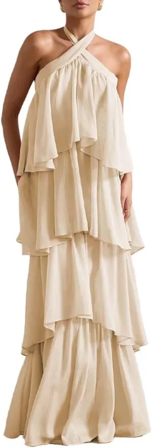 Chiffon Tiered Prom Dress 2025 Long Backless Formal Evening Gowns LU88
