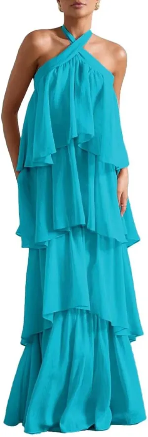 Chiffon Tiered Prom Dress 2025 Long Backless Formal Evening Gowns LU88