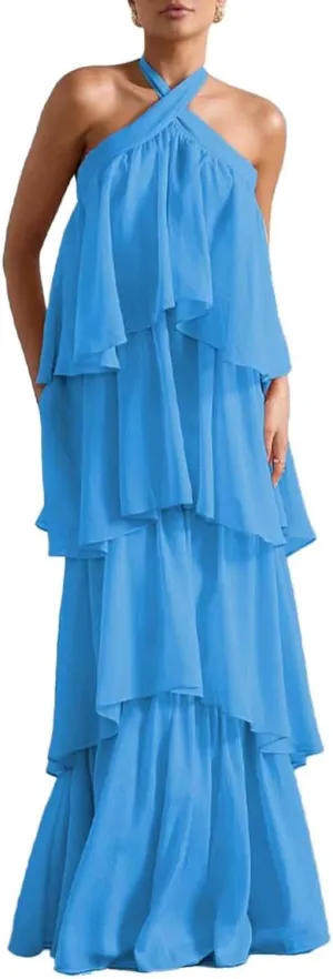 Chiffon Tiered Prom Dress 2025 Long Backless Formal Evening Gowns LU88
