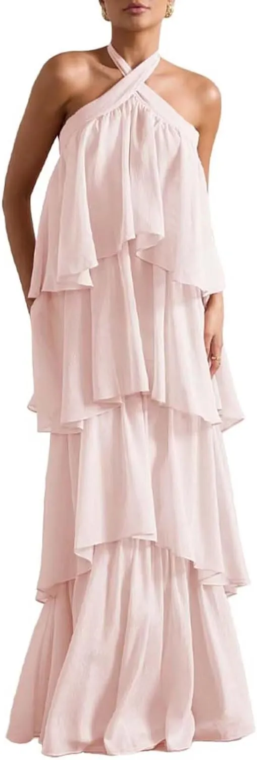 Chiffon Tiered Prom Dress 2025 Long Backless Formal Evening Gowns LU88