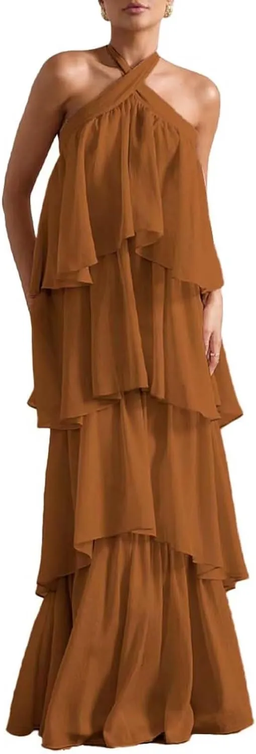 Chiffon Tiered Prom Dress 2025 Long Backless Formal Evening Gowns LU88