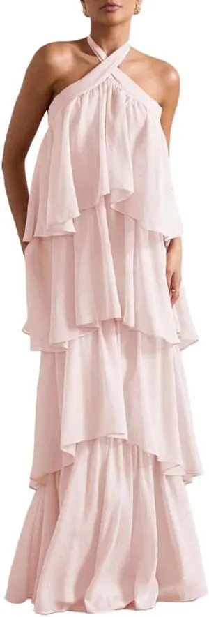 Chiffon Tiered Prom Dress 2025 Long Backless Formal Evening Gowns LU88