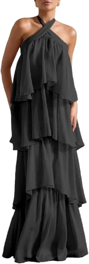 Chiffon Tiered Prom Dress 2025 Long Backless Formal Evening Gowns LU88