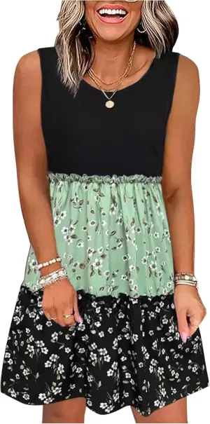 CHUNTIANRAN Square Neck Mini Dress Womens Ruched Bodycon Sleeveless Dresses Ruffle Tiered Flowy Swing Beach Mini Dress