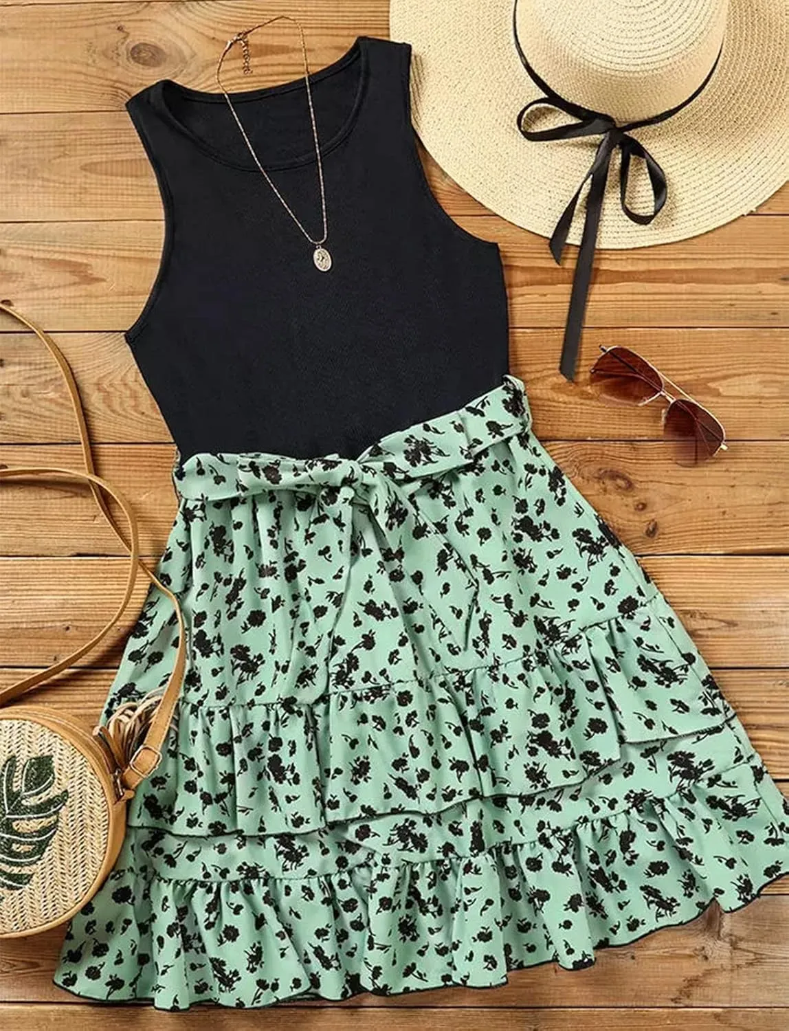 CHUNTIANRAN Square Neck Mini Dress Womens Ruched Bodycon Sleeveless Dresses Ruffle Tiered Flowy Swing Beach Mini Dress
