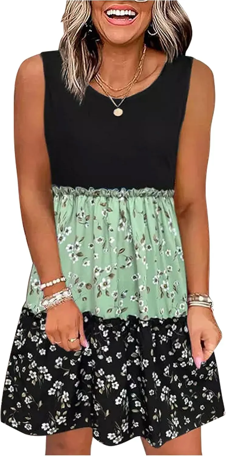 CHUNTIANRAN Square Neck Mini Dress Womens Ruched Bodycon Sleeveless Dresses Ruffle Tiered Flowy Swing Beach Mini Dress