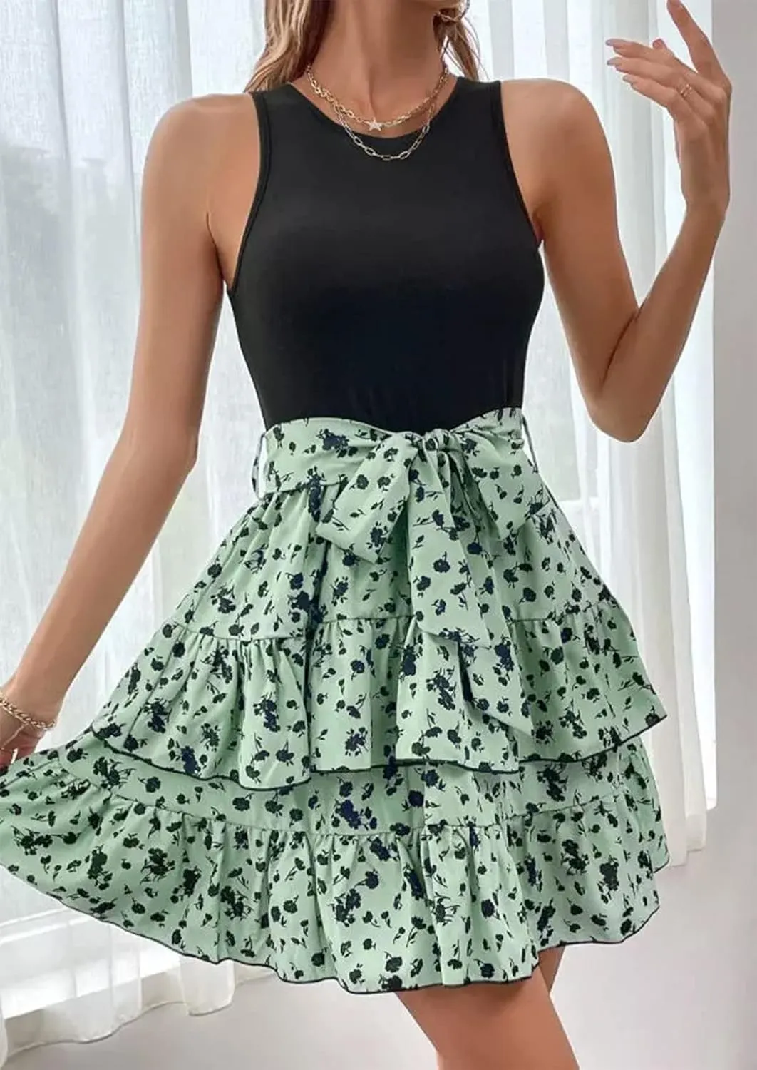 CHUNTIANRAN Square Neck Mini Dress Womens Ruched Bodycon Sleeveless Dresses Ruffle Tiered Flowy Swing Beach Mini Dress