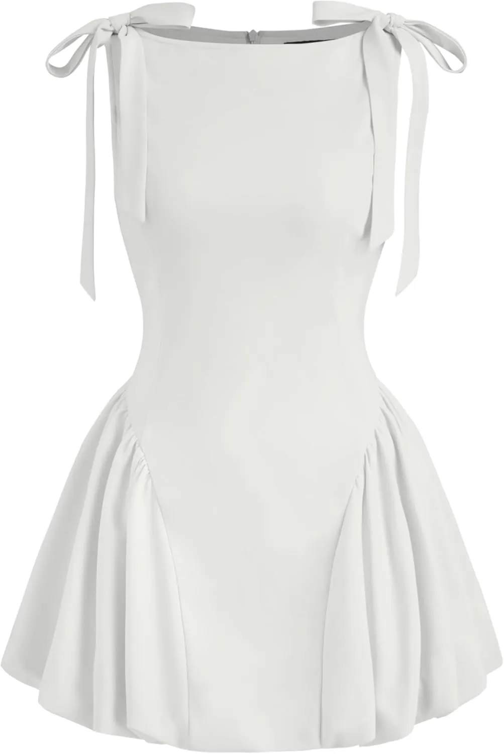 CIDER Mini Dress Bowknot Bubble Hem High Waist Cocktail Party Dresses Elegant Short Sleeve Boat Neck Dress