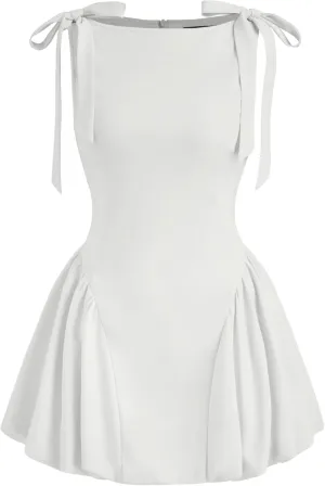 CIDER Mini Dress Bowknot Bubble Hem High Waist Cocktail Party Dresses Elegant Short Sleeve Boat Neck Dress