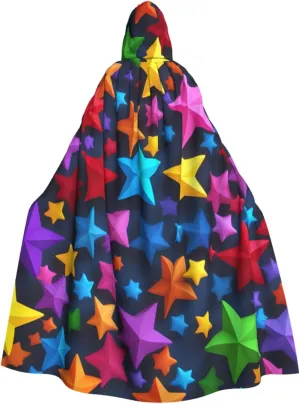 Color Stars Print Hooded Cloak Halloween Costume Adult Size with Dramatic Cloak for Cosplays,Witch Capes Black