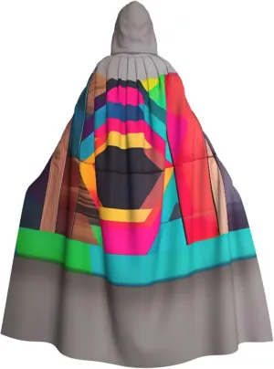 Colored Wooden Board Print Hooded Cloak Halloween Costume Adult Size with Dramatic Cloak for Cosplays,Witch Capes Black