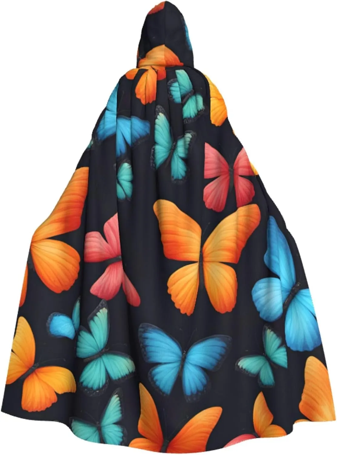 Colorful Butterfly Print Hooded Cloak Halloween Costume Adult Size with Dramatic Cloak for Cosplays,Witch Capes Black
