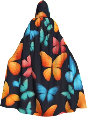 Colorful Butterfly Print Hooded Cloak Halloween Costume Adult Size with Dramatic Cloak for Cosplays,Witch Capes Black