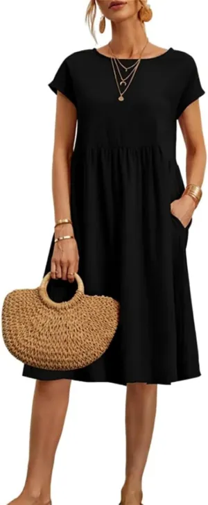 Cotton Dresses for Women Short Sleeve Crew Neck Solid Color A Line Casual Summer Midi Dresses with Pockets