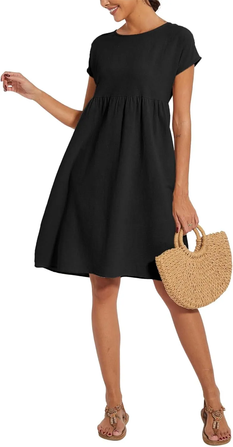 Cotton Dresses for Women Short Sleeve Crew Neck Solid Color A Line Casual Summer Midi Dresses with Pockets
