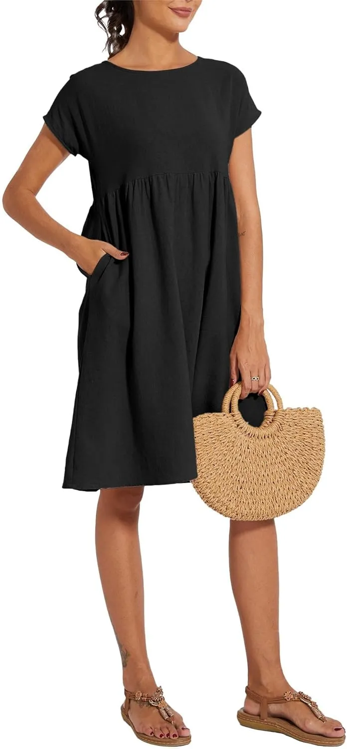 Cotton Dresses for Women Short Sleeve Crew Neck Solid Color A Line Casual Summer Midi Dresses with Pockets