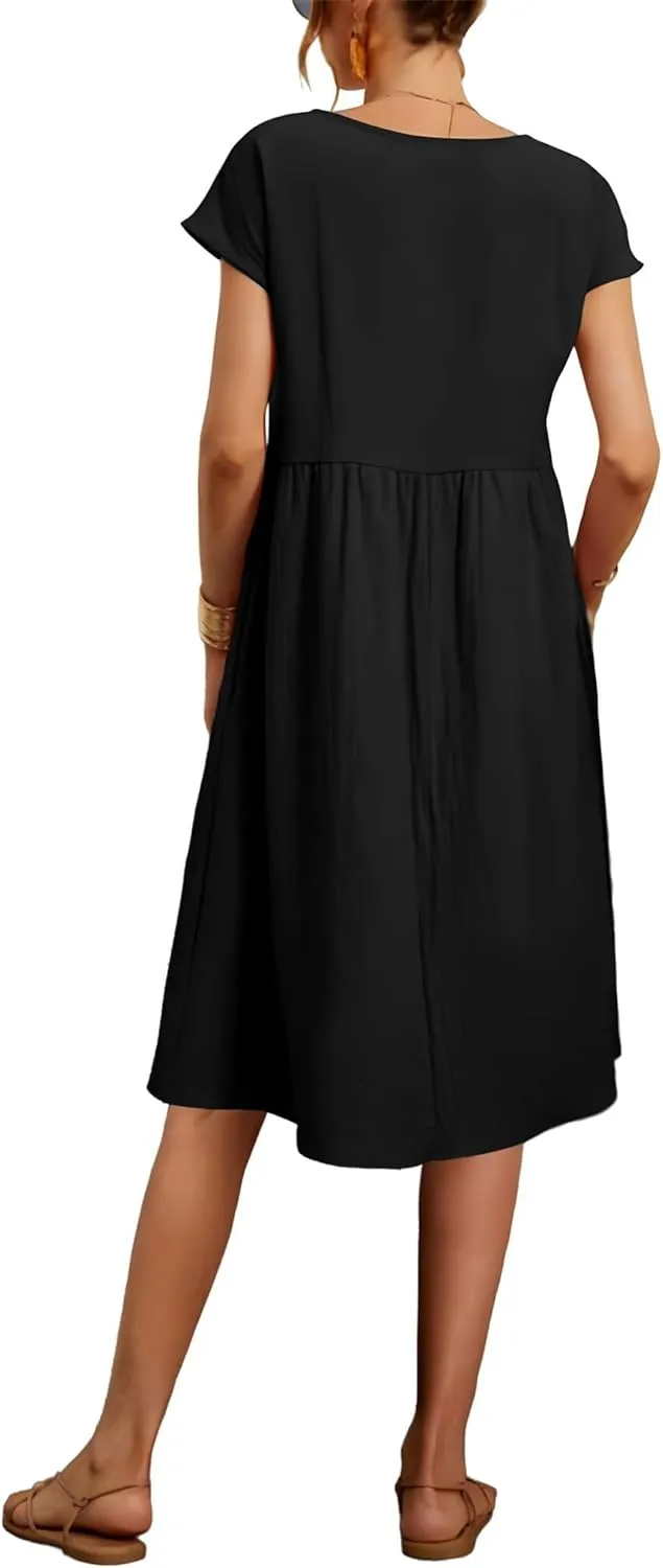 Cotton Dresses for Women Short Sleeve Crew Neck Solid Color A Line Casual Summer Midi Dresses with Pockets