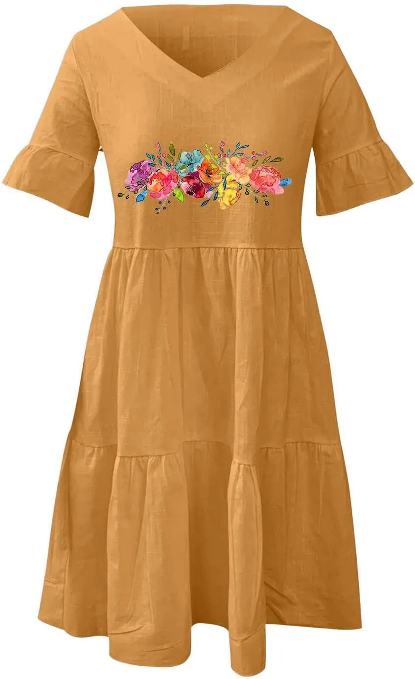 Cotton Linen Maxi Dress for Women Summer Casual Ruffle Flowy Sleeve Boho Dresses Plus Size Beach Mini Dress Loose Dress