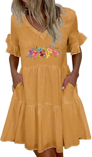 Cotton Linen Maxi Dress for Women Summer Casual Ruffle Flowy Sleeve Boho Dresses Plus Size Beach Mini Dress Loose Dress