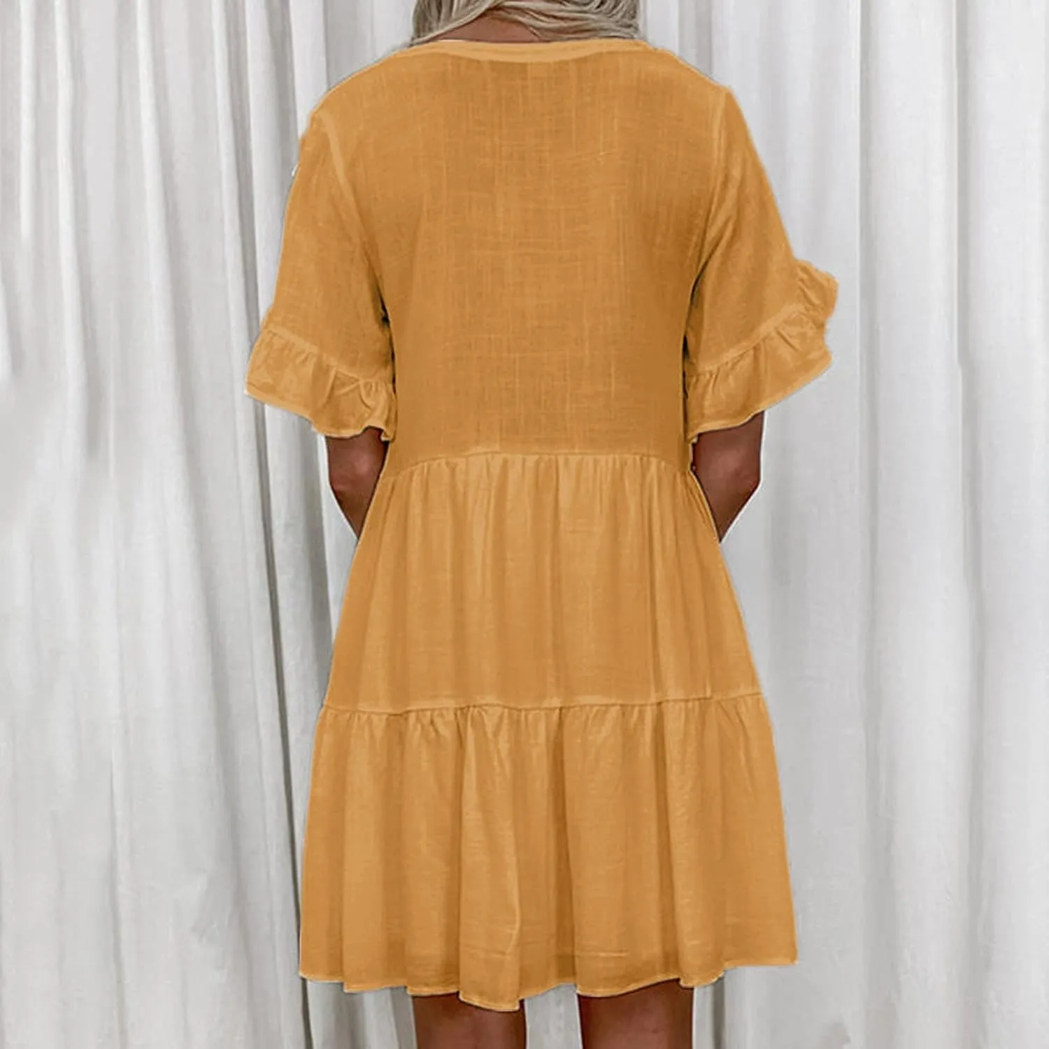 Cotton Linen Maxi Dress for Women Summer Casual Ruffle Flowy Sleeve Boho Dresses Plus Size Beach Mini Dress Loose Dress
