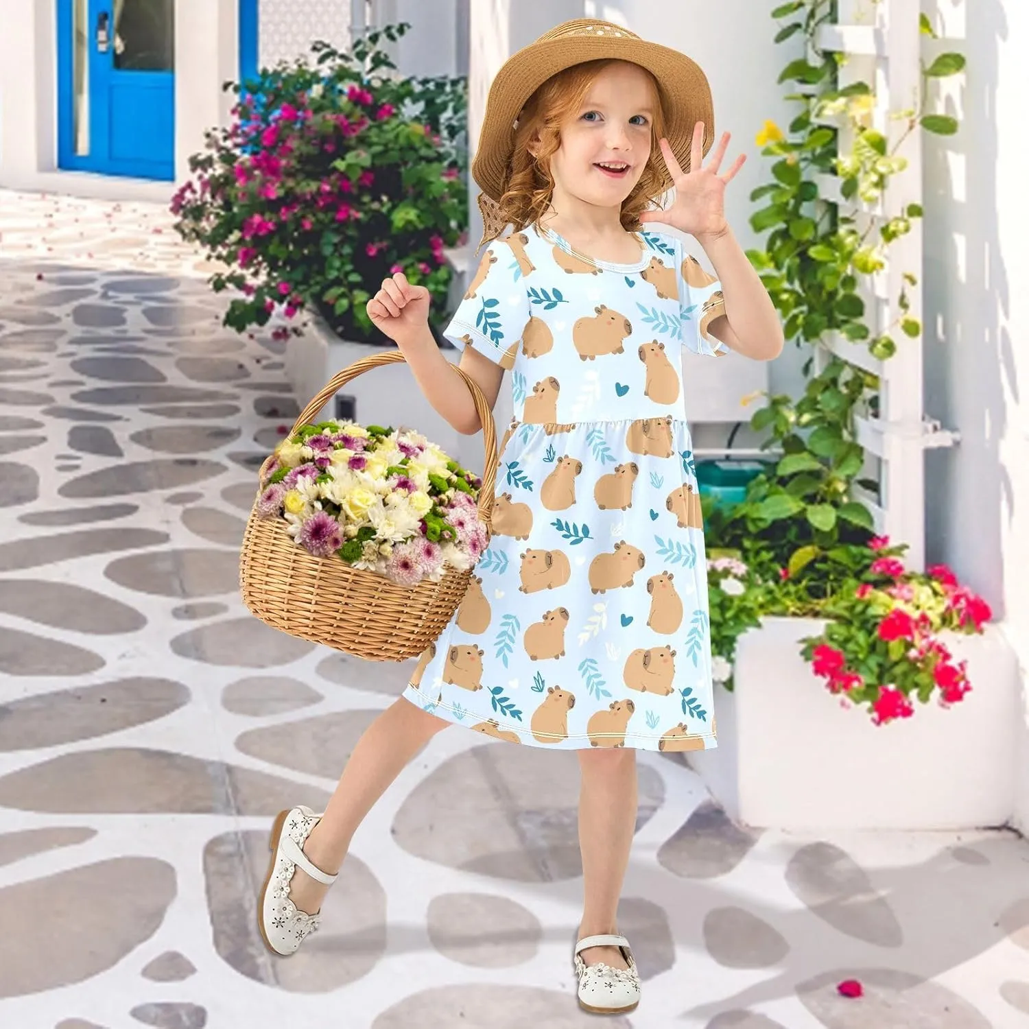 Cute Capybara Simple Flower Pattern Summer Girls Short Sleeve Dress Casual Dresses Beach Sundress for 2-8 Years
