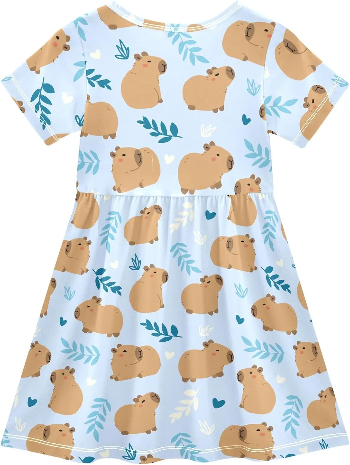 Cute Capybara Simple Flower Pattern Summer Girls Short Sleeve Dress Casual Dresses Beach Sundress for 2-8 Years