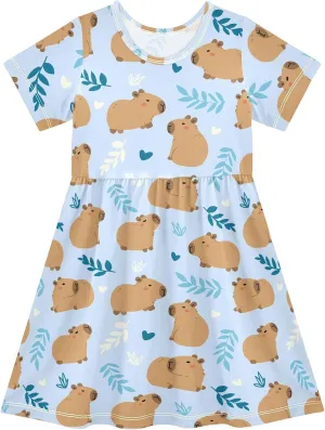 Cute Capybara Simple Flower Pattern Summer Girls Short Sleeve Dress Casual Dresses Beach Sundress for 2-8 Years